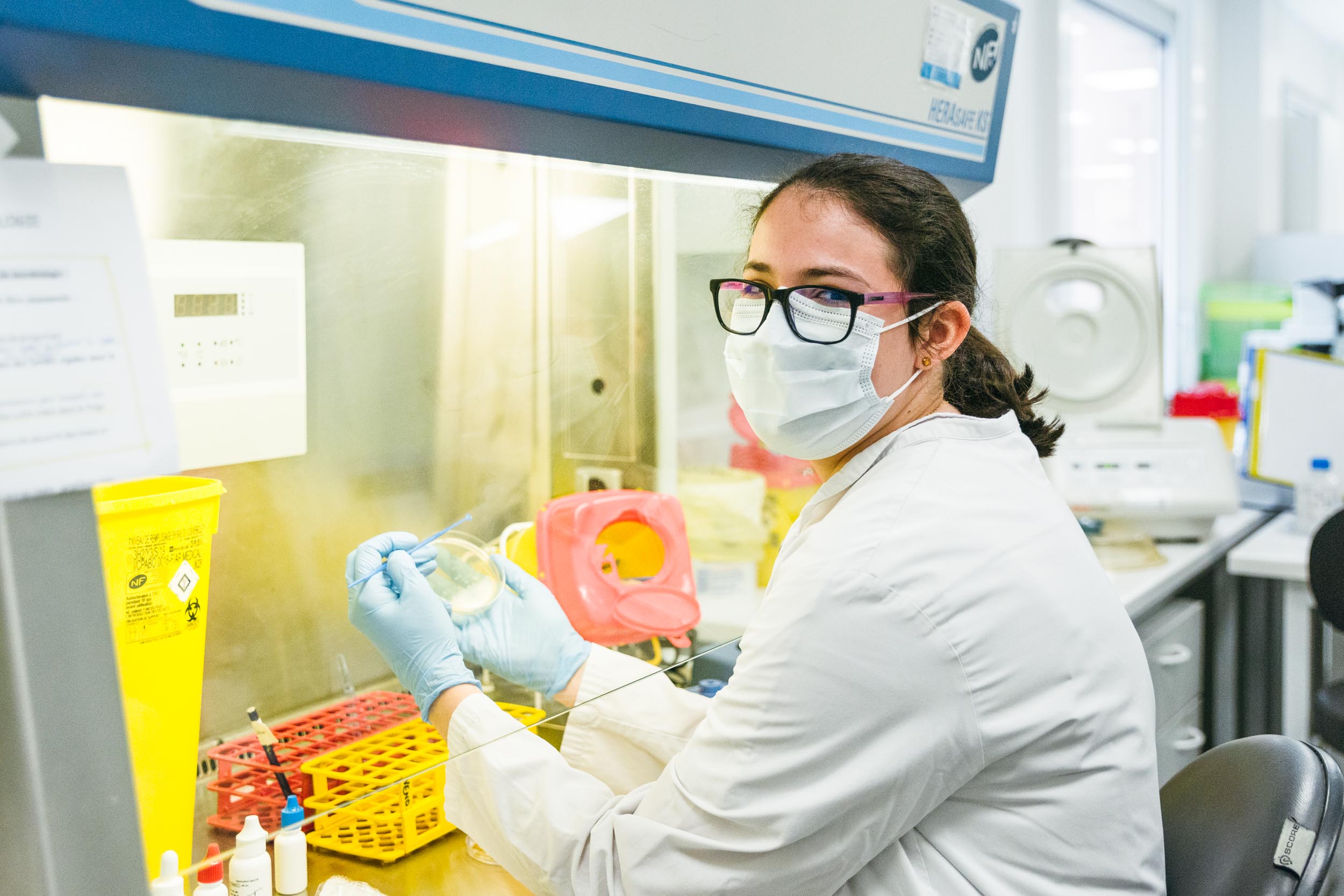 Un scientifique en blouse blanche, gants bleus et masque facial travaille dans un laboratoire. Il tient une boîte de Petri et utilise un outil dans une armoire de biosécurité. Le laboratoire présente des conteneurs, des équipements et des étagères jaunes et rouges en arrière-plan. Ce professionnel dévoué fait partie des Héros Méconnus du CH d'Angoulême.